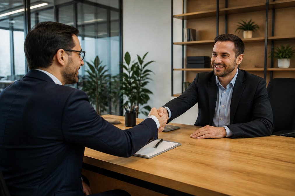 Business professional shaking hands with an insurance advisor in a modern office setting, representing a trusted partnership and professional relationship