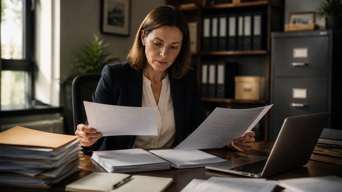An HR manager at a desk comparing printed policy documents beside a laptop showing a document management system, with folders and a filing cabinet visible in a bright office