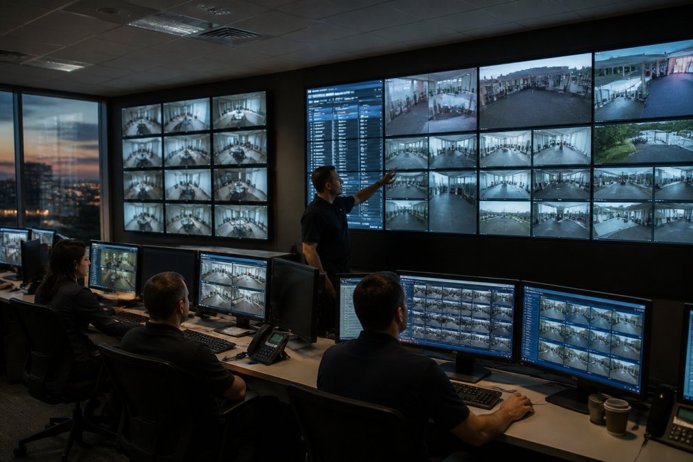 Analysts at a unified dashboard monitoring security platform ROI trends in a modern operations center.