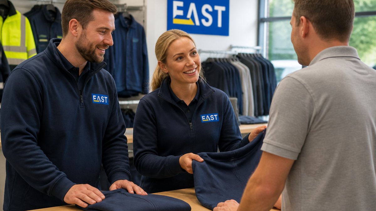 Professional team members wearing matching branded uniforms with embroidered logos interacting confidently with a customer in a bright retail environment, demonstrating expertise and credibility