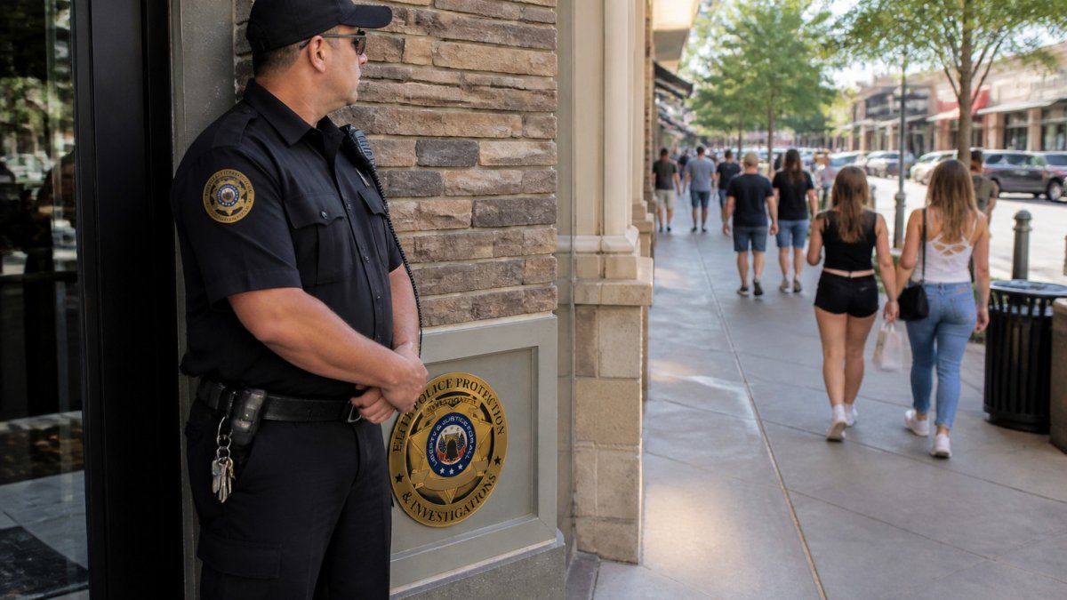 Uniformed security guards standing at a busy retail center entrance to maintain safety for passing shoppers.