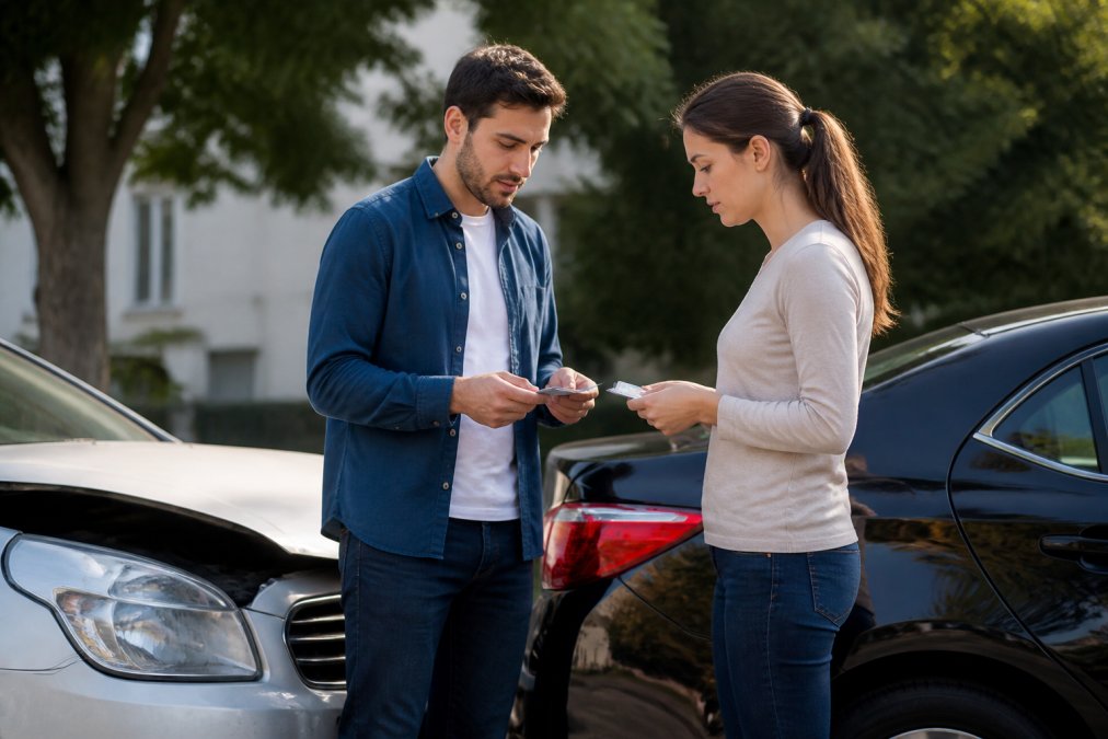 Two drivers standing between vehicles in daylight, exchanging contact information and examining driver's licences after accident, both appearing calm and focused