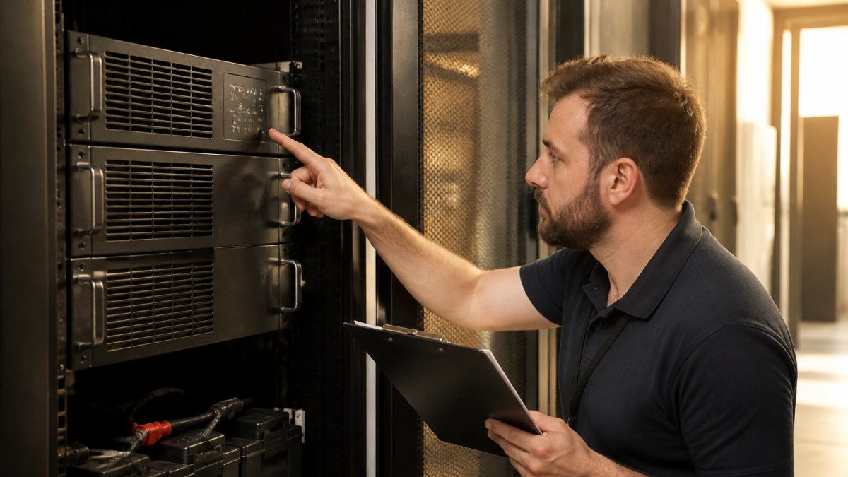 A technician in a data centre inspecting a rack-mounted uninterruptible power supply, holding a clipboard and checking battery status indicators on the front panel