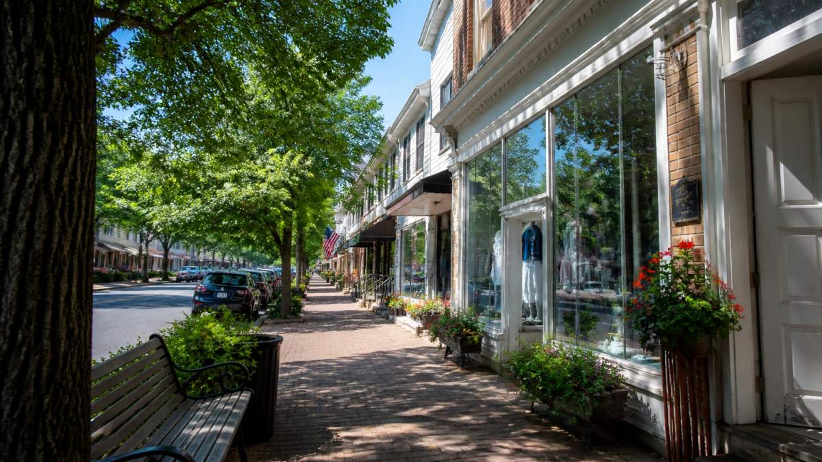 Picturesque Main Street with historic storefronts, tree-lined sidewalks, and local shops on a sunny afternoon in a charming village setting