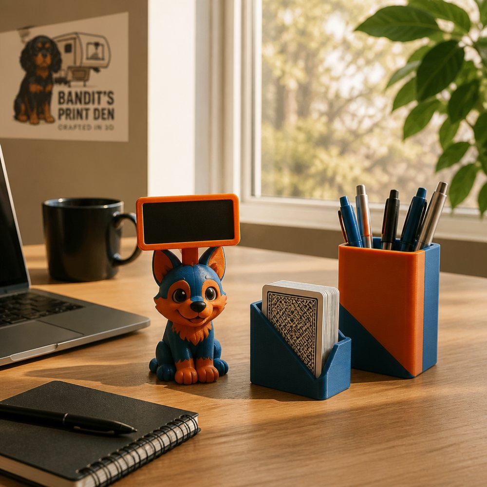 A close-up photo of a tidy office desk featuring a small colorful 3D printed desk buddy figure with an interchangeable sign, a card game case, and a pen holder arranged neatly next to a laptop and coffee mug, warm afternoon light through a window