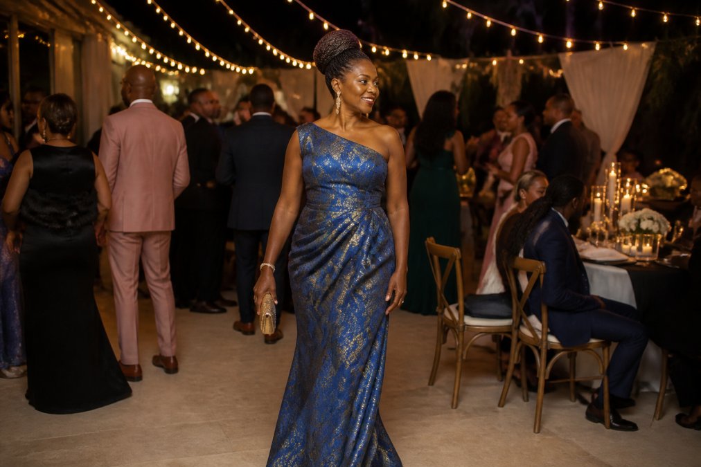 A woman in a regal blue metallic jacquard maxi gown with elegant ruching, standing confidently at an upscale evening gala with warm, ambient string lighting