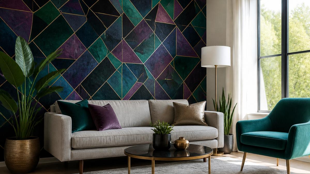 Modern living room featuring an accent wall with unique AI graphic patterns for home decor in jewel tones.