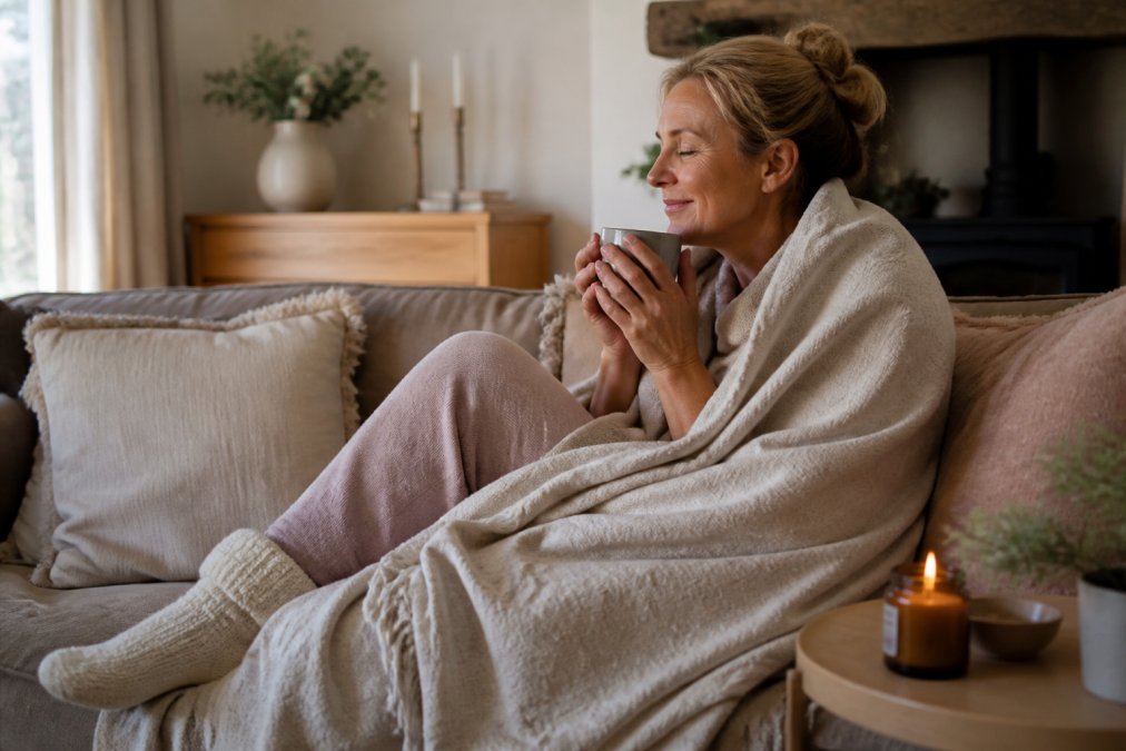 Woman relaxing at home wearing cosy socks and wrapped in a soft blanket, holding a warm drink, creating a peaceful self-care moment