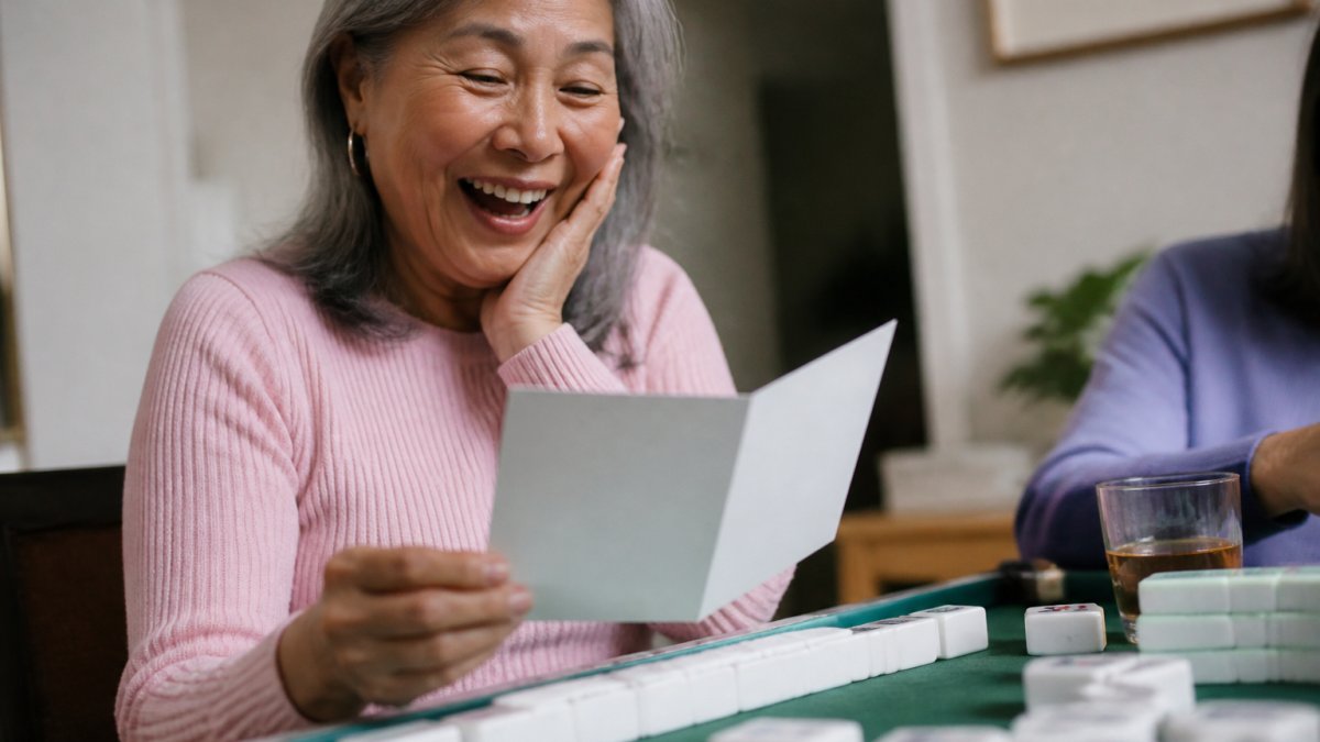 A close-up of a printed funny mahjong birthday card propped against a stack of mahjong tiles on a game table, with a woman in her sixties laughing as she reads it