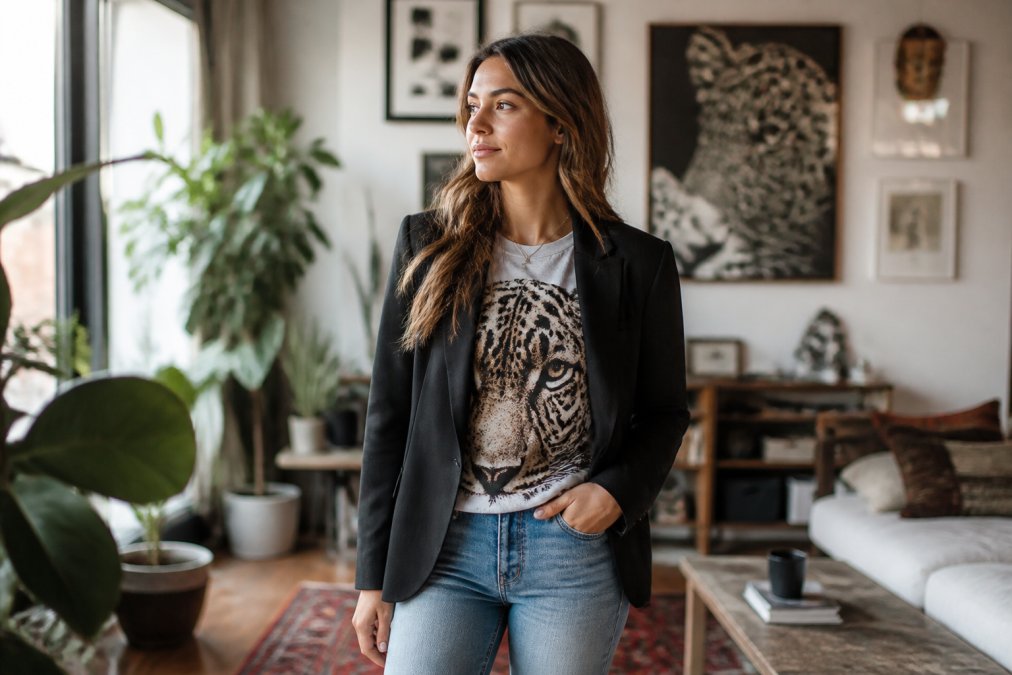 Young adult wearing an artistic animal themed apparel graphic tee styled with a chic blazer and jeans.