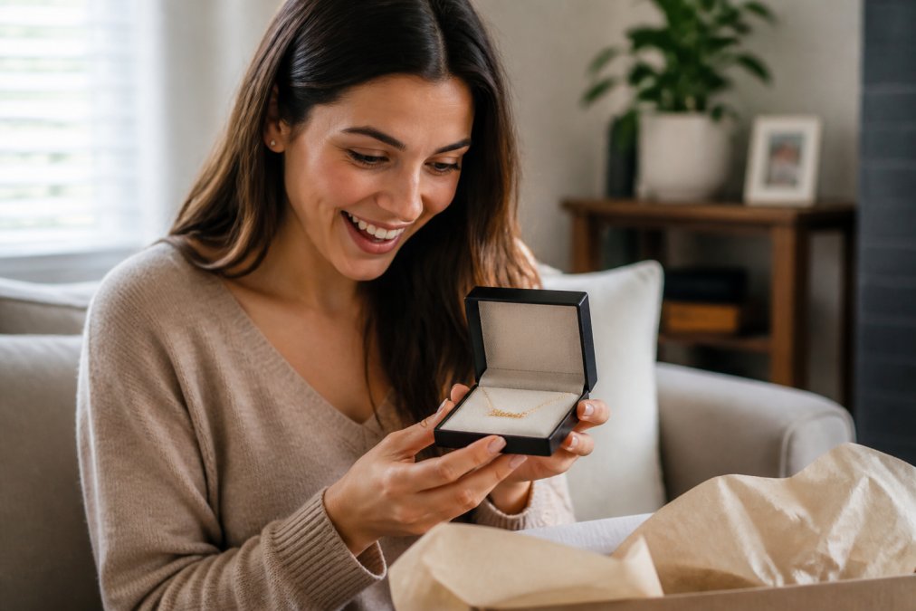 A young woman smiling as she opens a small jewelry box containing a delicate gold name necklace, soft natural light in a cozy living room setting