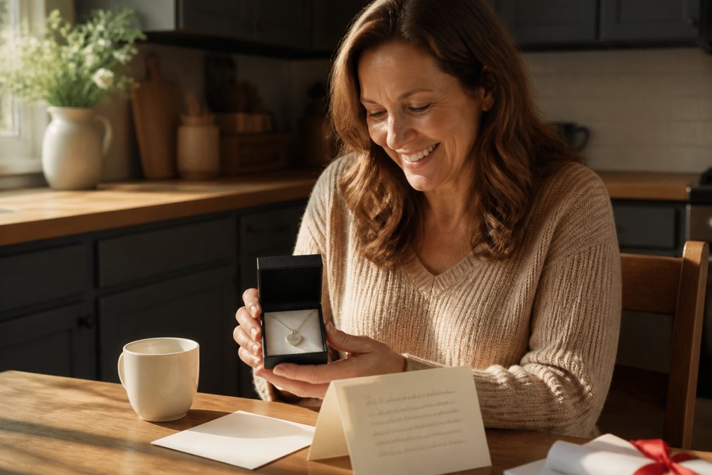 A woman in her forties sitting at a sunlit kitchen table, smiling as she opens a small jewelry box containing an engraved necklace, with a handwritten card and coffee mug nearby
