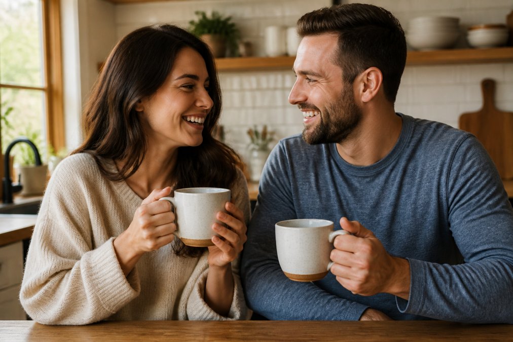 A couple holding matching personalized ceramic mugs with custom anniversary designs, smiling at each other over morning coffee in a cozy kitchen with warm natural lighting