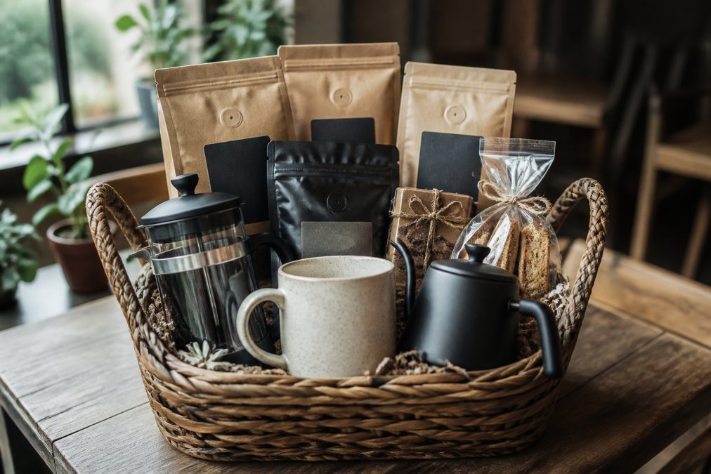 Beautifully arranged coffee gift basket with premium beans, a personalized ceramic mug, brewing accessories, and artisanal treats displayed on a wooden table with soft natural lighting