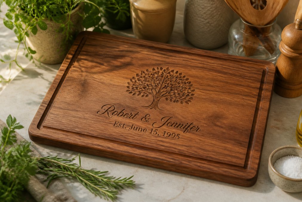 Close-up of an engraved wooden cutting board displaying a couple's names and anniversary date, resting on a kitchen counter with fresh herbs and cooking utensils nearby in warm natural light