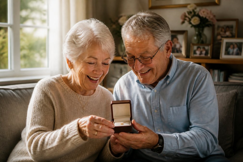 An older couple in their living room smiling as they open a small jewelry box together, warm afternoon light through the window, framed family photos on the shelf behind them