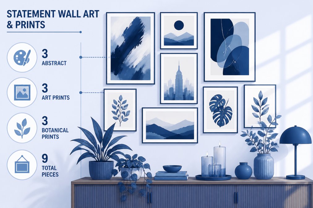 Young professional's apartment featuring a gallery wall with diverse art prints, abstract paintings, and botanical illustrations displayed above a wooden console table decorated with potted plants, candles, and small decorative objects in warm afternoon sunlight