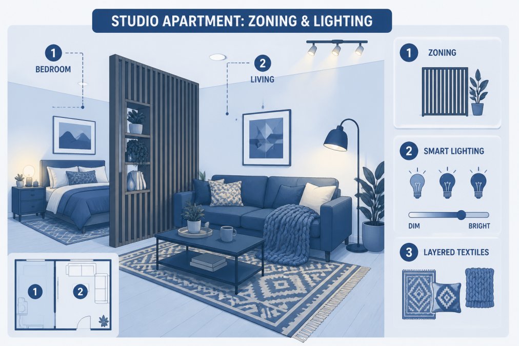 Studio apartment interior showing a bedroom nook separated from the main living area using a tall wooden room divider, with warm ambient lighting from smart bulbs casting soft golden light across layered textiles including a patterned rug, throw pillows, and a chunky knit blanket draped over a sofa