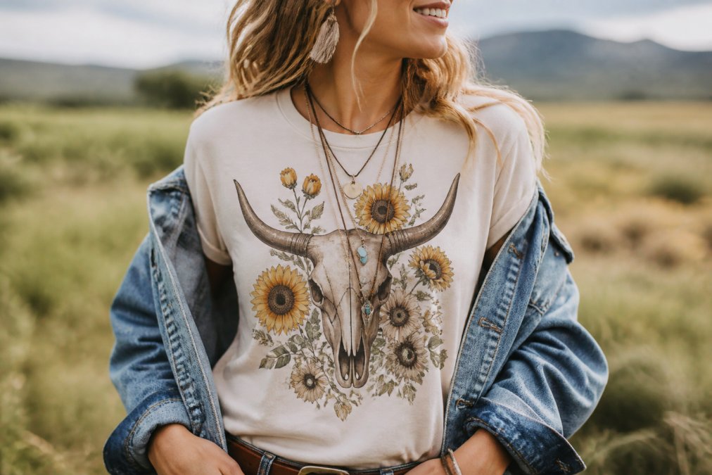 Woman wearing a sunflower and steer graphic tee styled with layered necklaces and a denim jacket outdoors.
