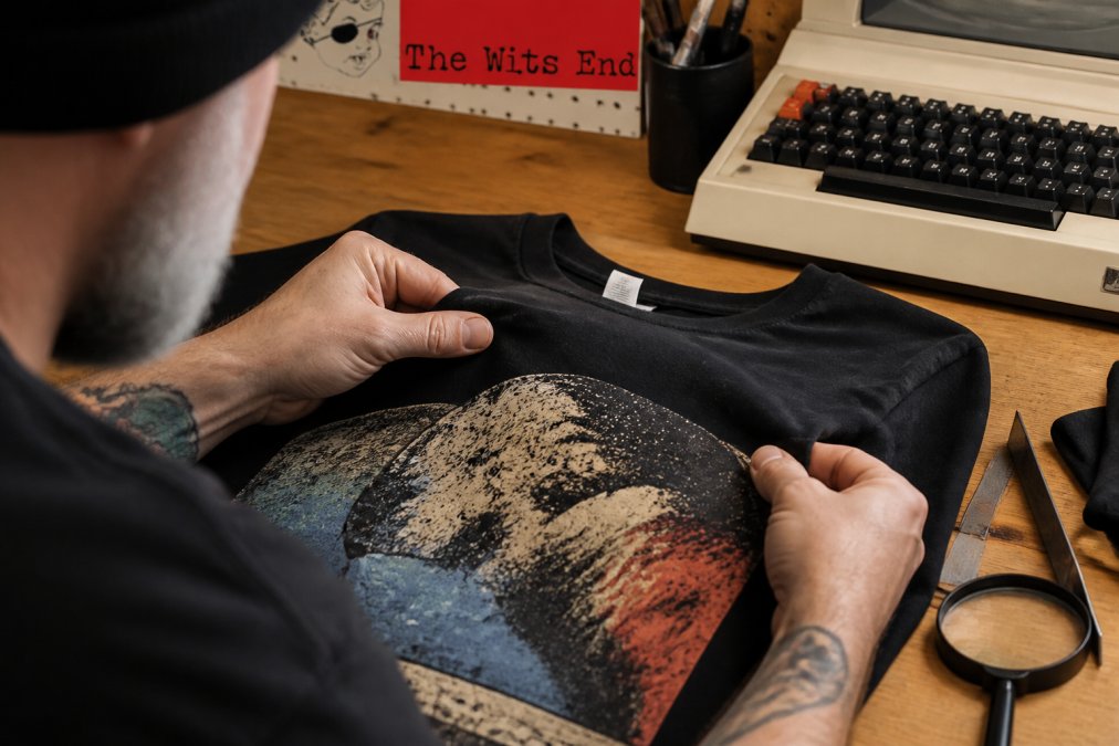 Close-up of hands inspecting the screen-printed graphic on a soft cotton t-shirt, with a vintage computer keyboard visible in the background on a workbench