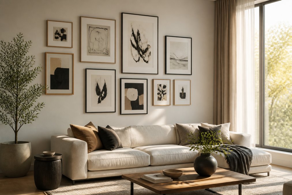 A bright, modern living room with a curated gallery wall featuring a mix of abstract, minimalist, and black-and-white art prints in varied black and natural wood frames above a low-profile neutral linen sofa, afternoon light streaming through sheer curtains