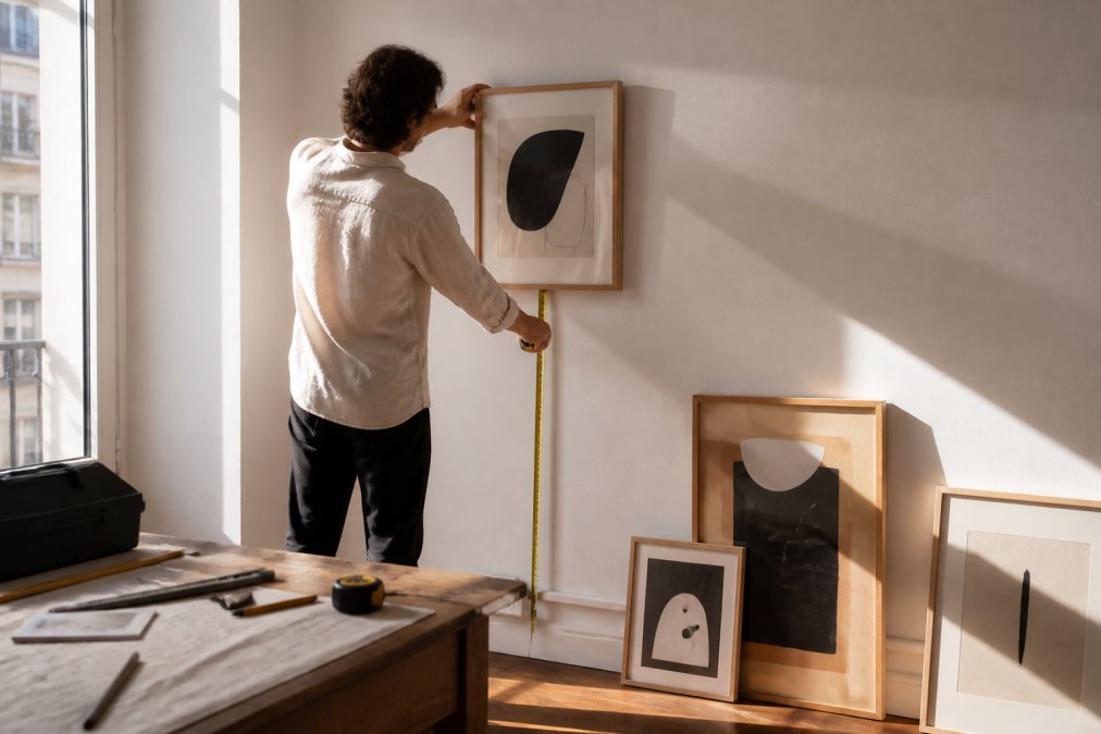 A person in a light-colored linen shirt holding a framed abstract print against a white wall, measuring placement height with a yellow tape measure, with three other framed prints of varying sizes leaning against the baseboard in warm afternoon light
