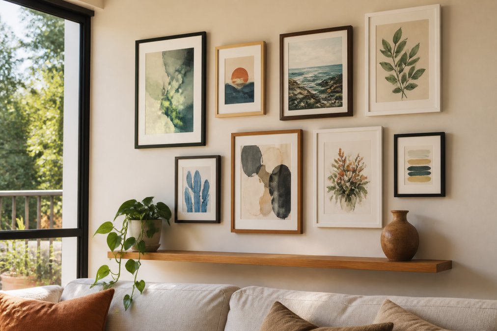 A cozy modern living room wall featuring a small curated gallery of framed watercolor and ink artworks in varied frame styles, warm natural light from a nearby window, a plant and ceramic vase on a shelf below
