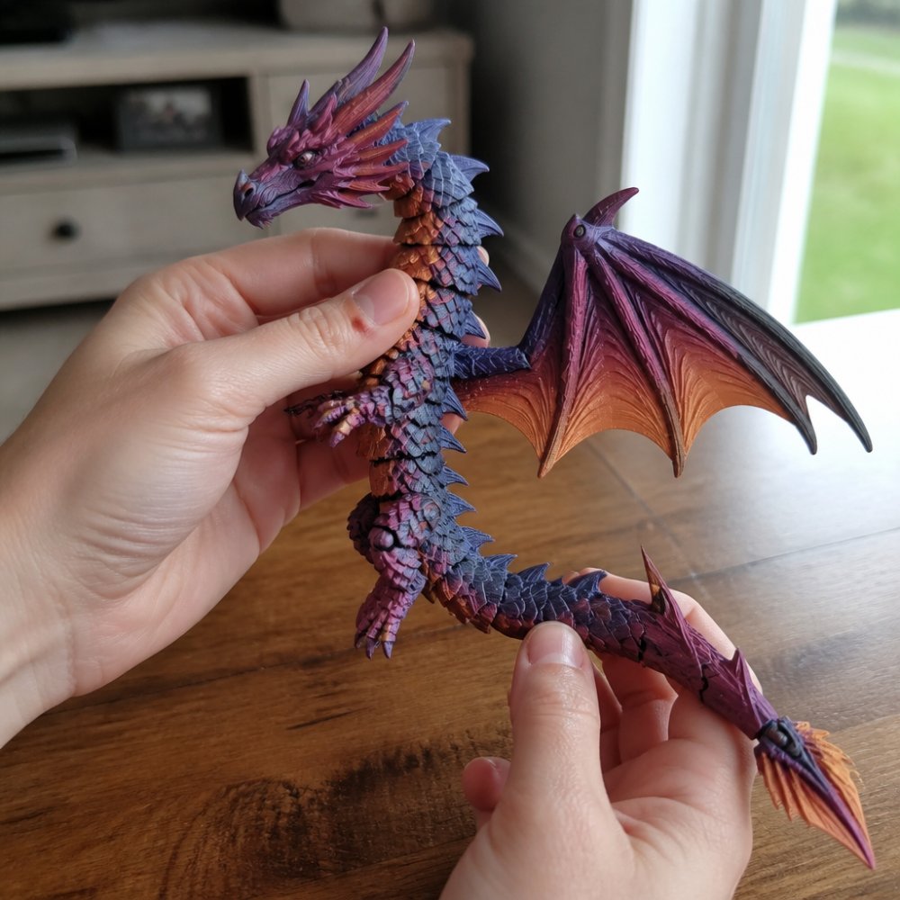Close-up of hands flexing and posing an articulated 3D printed dragon on a wooden desk surface, showing smooth joint movement and detailed color transitions in natural daylight