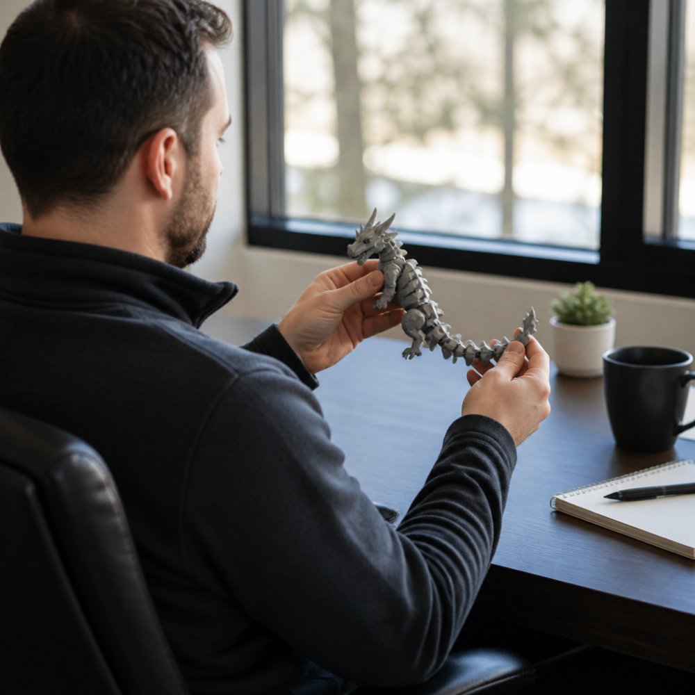 Professional at desk with hands holding an articulated 3D printed dragon toy, flexing and posing it during work, demonstrating tactile engagement and stress relief in a modern office setting with natural window lighting