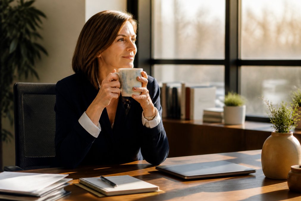 Professional woman holding an artisan gifts ceramic mug in a sunlit office with a laptop and notebook nearby