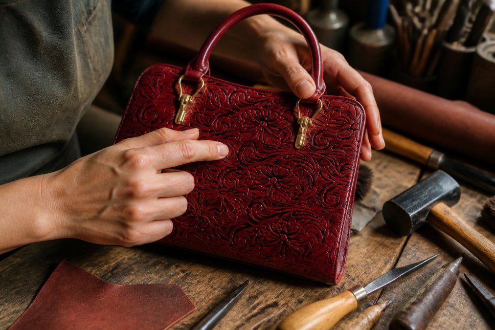 Close-up of hands examining hand-tooled leather surface, fingers tracing intricate carved floral patterns and visible hand-stitching detail with natural workshop lighting