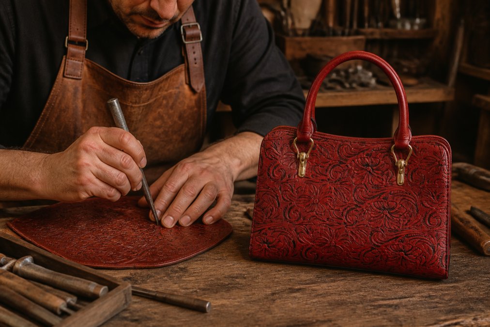 Artisan hands holding carving tools, carefully tooling intricate patterns into rich cognac-colored leather on a wooden workbench in warm workshop lighting