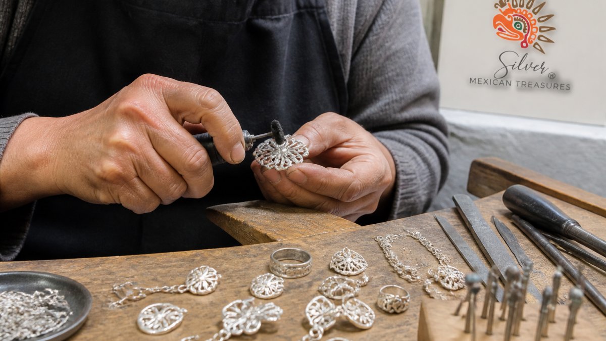 Close-up of an artisan's hands polishing and finishing handcrafted sterling silver jewelry pieces on a wooden workbench, showing the intricate detail and care in the craft with natural workshop lighting