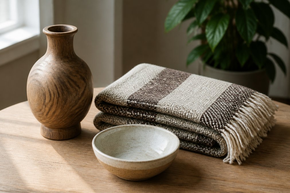 A styled flat lay of a handcrafted mango wood vase, a folded woven throw, and a ceramic bowl on a light oak table, soft natural window light casting gentle shadows