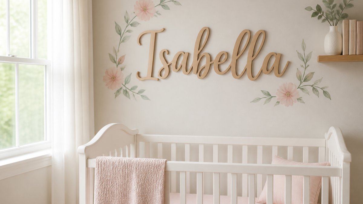 A nursery wall featuring handcrafted wooden name signs and painted wall art in soft pastels, with natural morning light illuminating personalized letters above a white crib