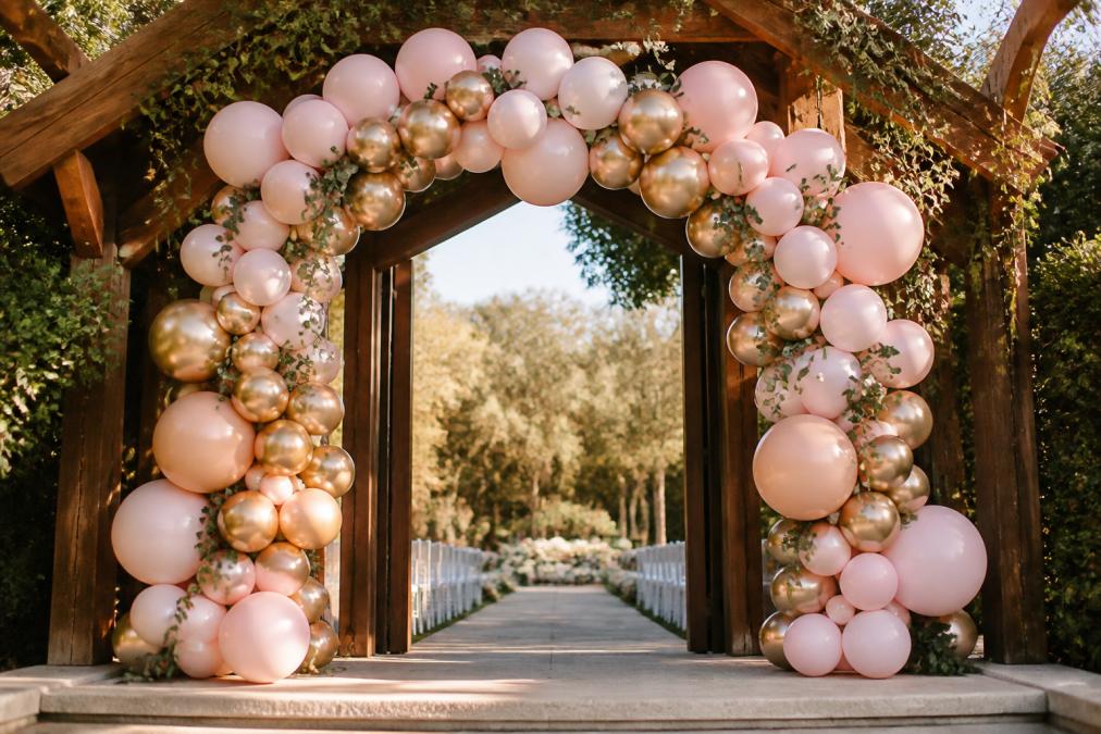 Elegant wedding ceremony entrance featuring a tall metallic gold and blush pink balloon arch framing a wooden archway with greenery accents and soft morning light