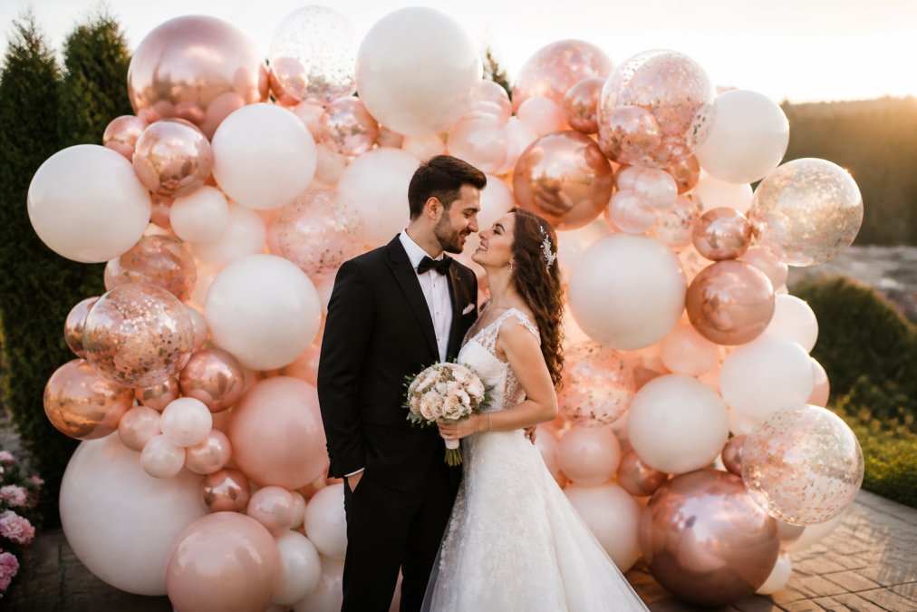 Bride and groom posing in front of a shimmering rose gold and white balloon backdrop with confetti-filled foil balloons catching light, soft golden hour lighting