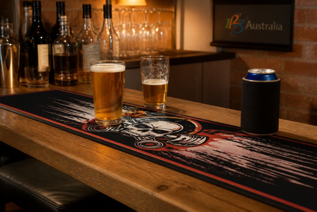 A close-up photo of a home bar counter with a custom printed bar runner featuring a bold graphic design, a few beer glasses and a stubby holder resting on it, warm ambient lighting, man cave setting