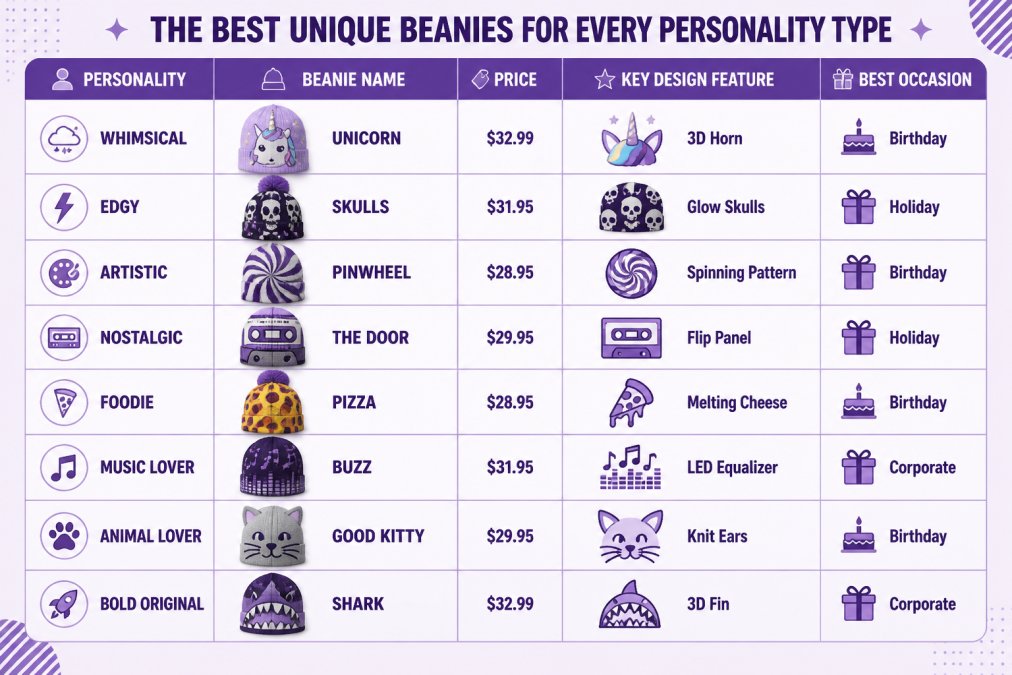 Personality-to-beanie matching matrix: rows = personality types (Whimsical, Edgy, Artistic, Nostalgic, Foodie, Music Lover, Animal Lover, Bold Original); columns = Beanie Name, Price ($28.95-$32.99), Key Design Feature, Best Occasion (Birthday, Holiday, Corporate)