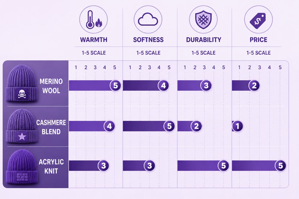Horizontal bar chart comparing beanie material attributes: Merino Wool (Warmth 5/5, Softness 4/5, Durability 3/5, Price 2/5), Cashmere Blend (Warmth 4/5, Softness 5/5, Durability 2/5, Price 1/5), Acrylic Knit (Warmth 3/5, Softness 3/5, Durability 5/5, Price 5/5) rated on 1-5 scale