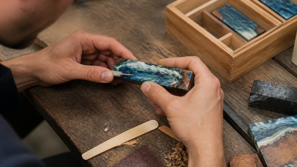 Hands carefully crafting a handmade gift item with detailed attention, showing texture and personal touch in warm natural lighting