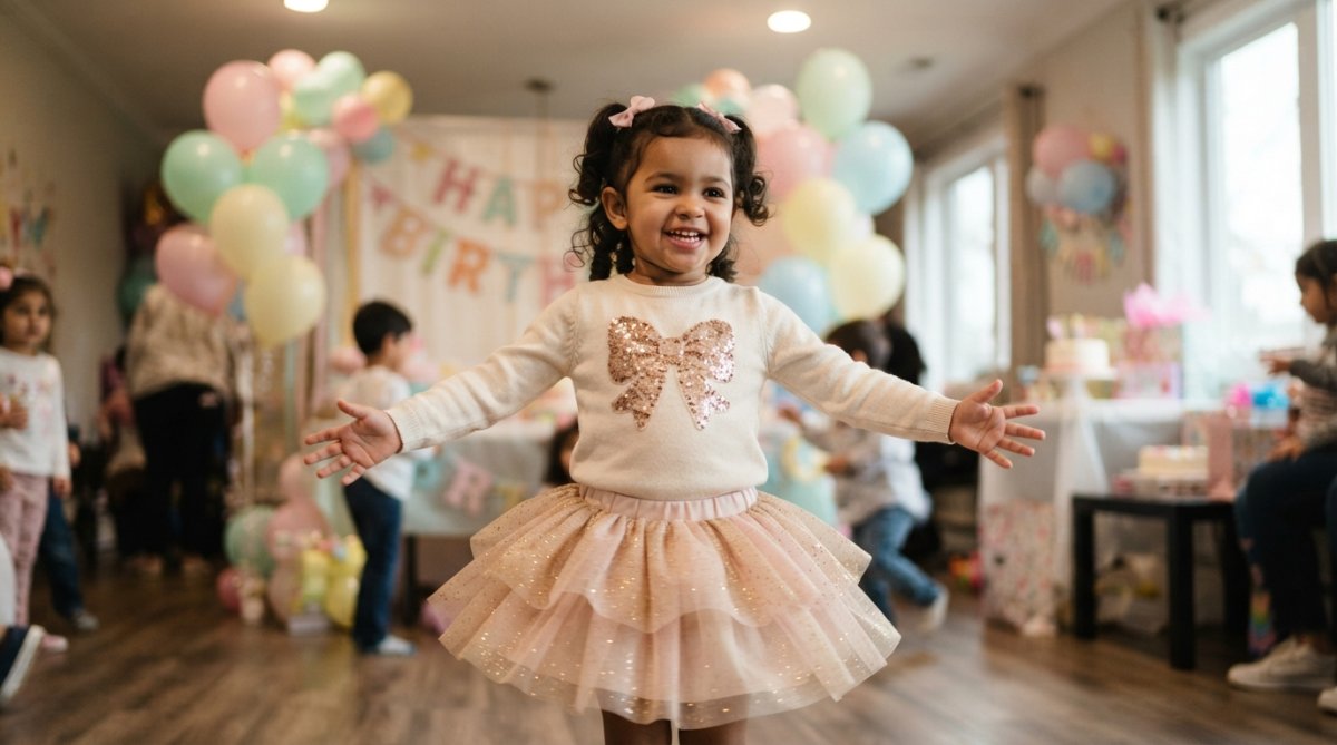 Professional illustration showing cheerful and toddler and girl concepts for birthday outfit ideas