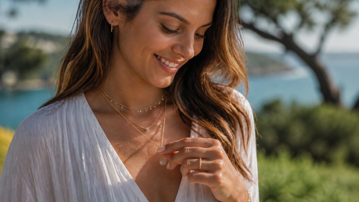Woman wearing a delicate personalized gemstone necklace layered with other jewelry, smiling while looking down at the pendant in soft natural daylight