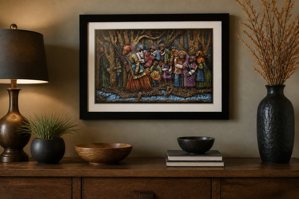 Close-up of framed relief art piece depicting Harriet Tubman displayed on a living room wall above a wooden console table with decorative items and warm ambient lighting