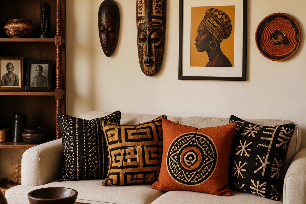 Styled living room corner showing multiple heritage pillow covers arranged on a sofa, with wall plaques and framed art creating a cohesive cultural design narrative in warm natural lighting