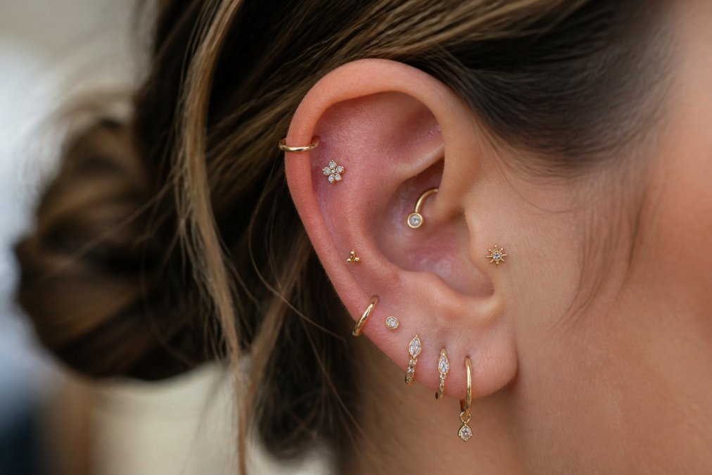 Close-up of a person's ear displaying a carefully curated multi-piercing setup with mixed 14K gold and delicate titanium pieces arranged across helix, tragus, and lobe positions, showing layered styling with gemstone details and professional presentation