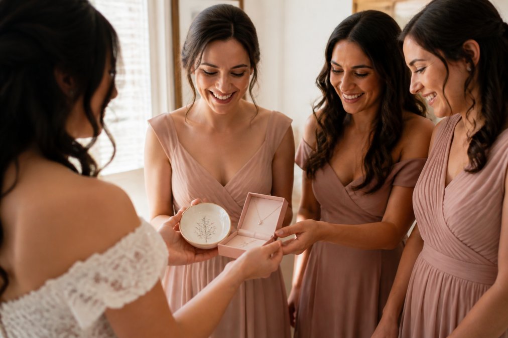 Bride presenting a personalized jewelry dish and initial necklace as unique bridal party gift ideas in a sunlit room.
