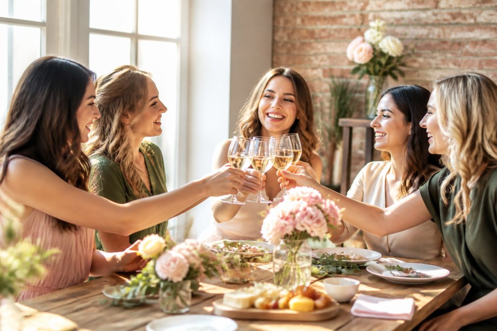 A small group of women laughing and toasting with wine glasses at a beautifully set table with small plates of cheese and fresh flowers, warm afternoon light streaming through a window