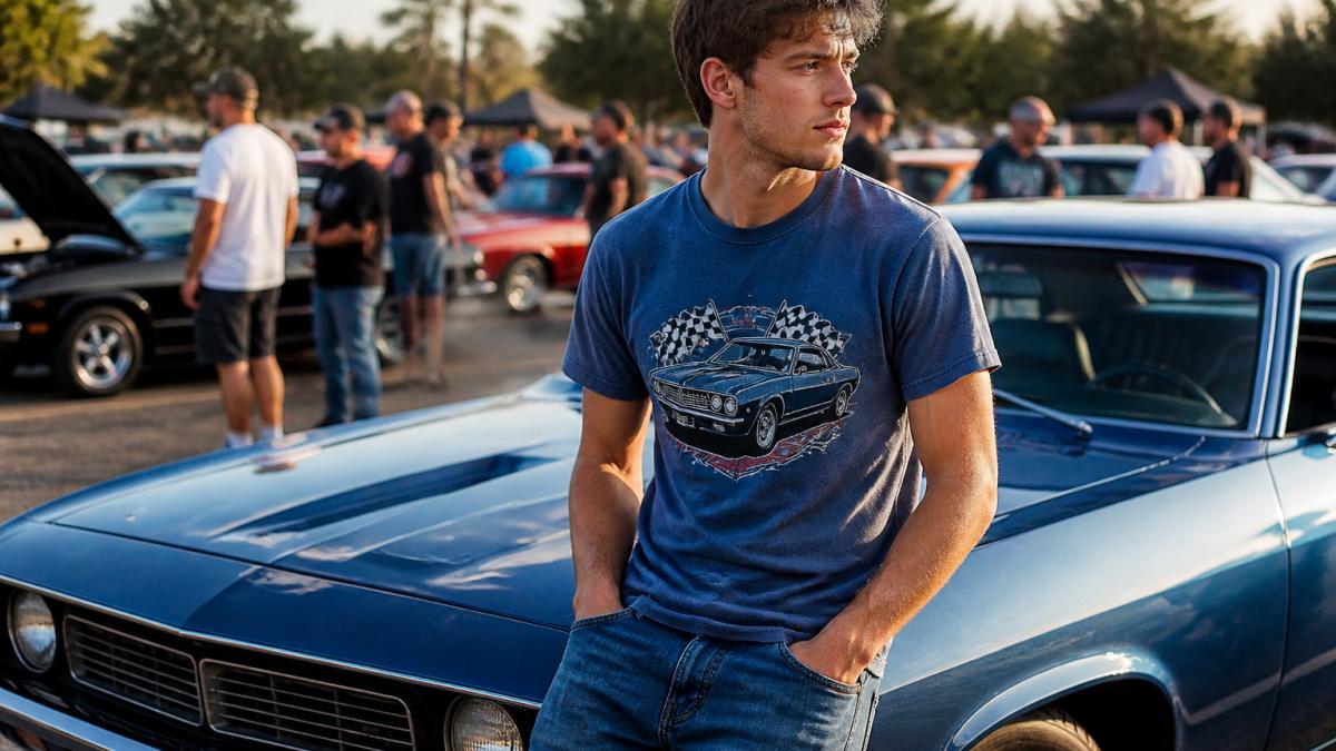A young man in a vintage blue graphic tee leaning against a classic muscle car at a golden-hour car meet, other enthusiasts and parked cars blurred in the background