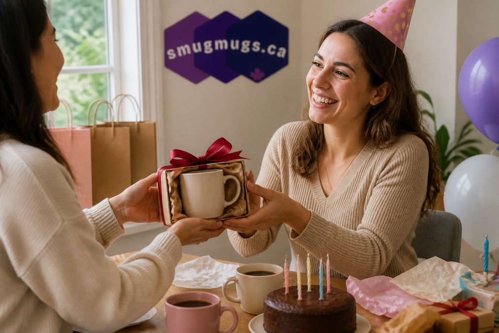 A person handing a wrapped ceramic mug to a smiling friend at a birthday celebration, with coffee cups and gift paper visible on a table